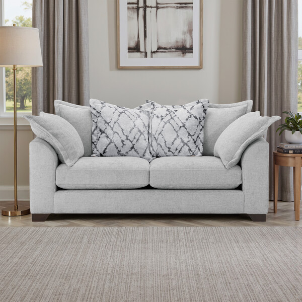 Silver Fabric Sofas - 3 Seater Pillow Back Sofa - Dewsbury Range - Oak Furnitureland