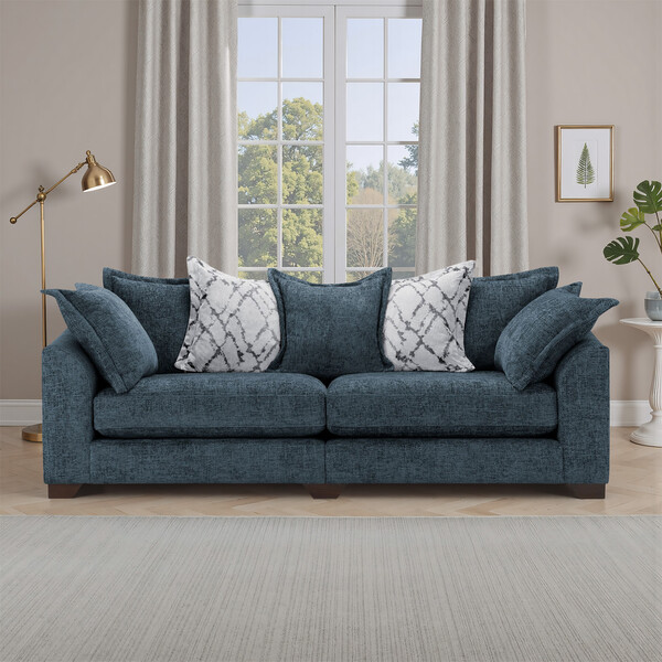 Navy Fabric Sofas - 4 Seater Pillow Back Sofa - Dewsbury Range - Oak Furnitureland