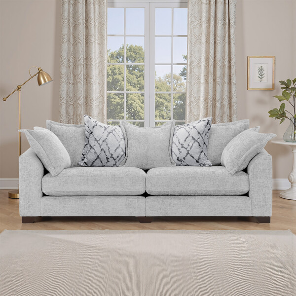 Silver Fabric Sofas - 4 Seater Pillow Back Sofa - Dewsbury Range - Oak Furnitureland