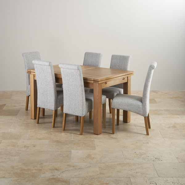 Handmade 100% Solid Dorset Natural Oak 4ft 7" Extending Dining Table and 6 Scroll Back Plain Grey Fabric Chairs - Oak Furnitureland