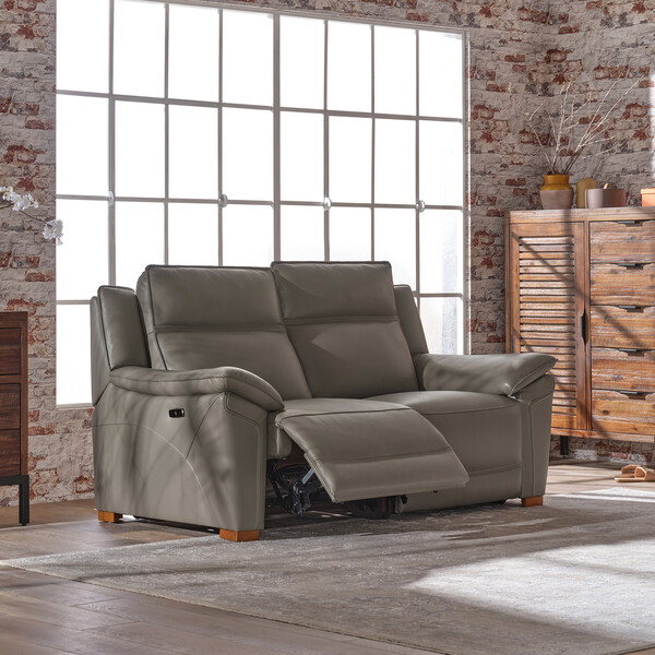 Elephant Grey Leather Sofas - 2 Seater Electric Recliner Sofa - Dune Range - Oak Furnitureland