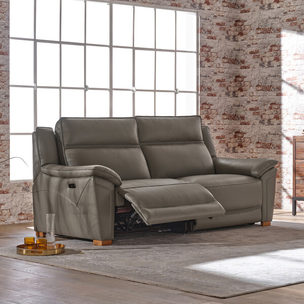 Elephant Grey Leather Sofas - 3 Seater Electric Recliner Sofa - Dune Range - Oak Furnitureland