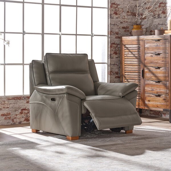 Elephant Grey Leather Sofas - Electric Recliner Armchair with Power Headrest - Dune Range - Oak Furnitureland