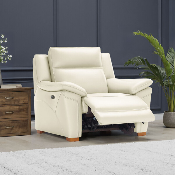 Snow White Leather Sofas - Electric Recliner Armchair with Power Headrest - Dune Range - Oak Furnitureland