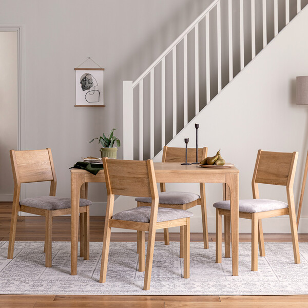 Durham Natural Oak Fixed Dining Table 120cm + 4 Ellison Oak Chair with Brooklyn Quill Grey Crushed Chenille Seat - Oak Furnitureland