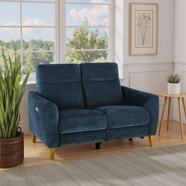 Amigo Navy Fabric Sofas - 2 Seater Electric Recliner Sofa - Dylan Range - Oak Furnitureland