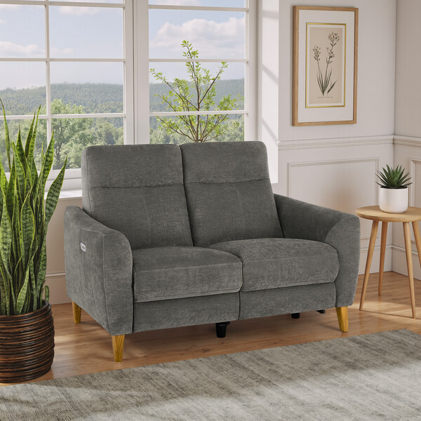 Darwin Charcoal Fabric Sofas - 2 Seater Electric Recliner Sofa - Dylan Range - Oak Furnitureland