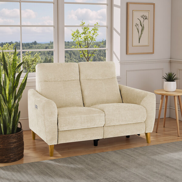 Darwin Ivory Fabric Sofas - 2 Seater Electric Recliner Sofa - Dylan Range - Oak Furnitureland