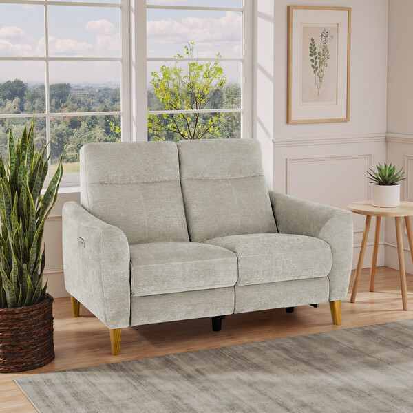 Darwin Silver Fabric Sofas - 2 Seater Electric Recliner Sofa - Dylan Range - Oak Furnitureland