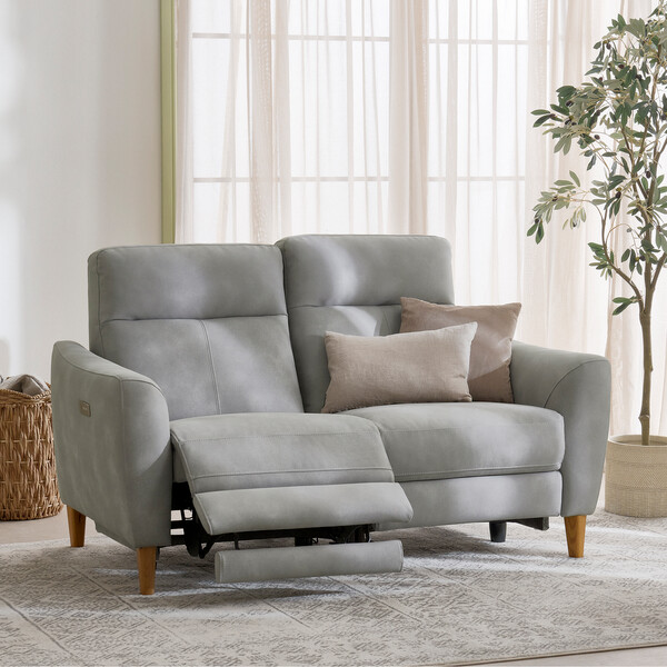 Oxford Grey Fabric Sofas - 2 Seater Electric Recliner Sofa - Dylan Range - Oak Furnitureland
