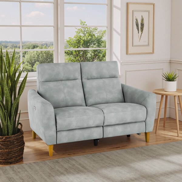 Oxford Silver Fabric Sofas - 2 Seater Electric Recliner Sofa - Dylan Range - Oak Furnitureland