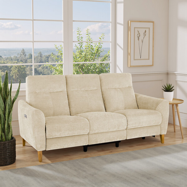 Darwin Ivory Fabric Sofas - 3 Seater Electric Recliner Sofa - Dylan Range - Oak Furnitureland