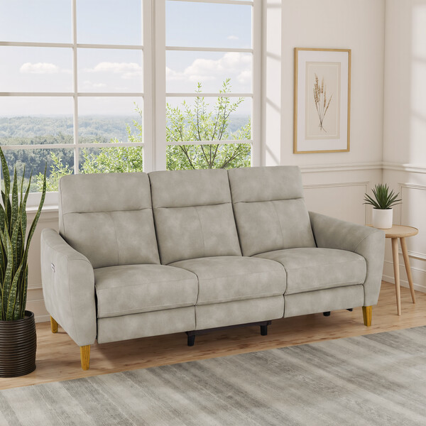 Oxford Beige Fabric Sofas - 3 Seater Electric Recliner Sofa - Dylan Range - Oak Furnitureland