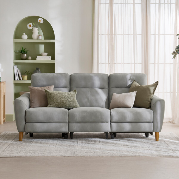 Oxford Grey Fabric Sofas - 3 Seater Electric Recliner Sofa - Dylan Range - Oak Furnitureland