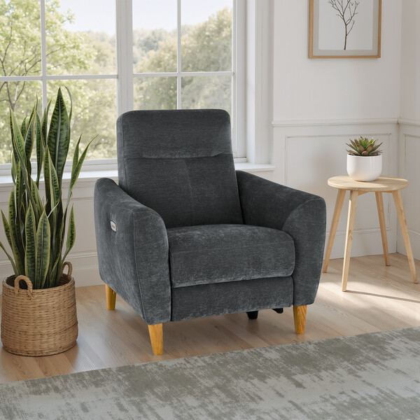 Amigo Coal Fabric Sofas - Electric Recliner Armchair - Dylan Range - Oak Furnitureland