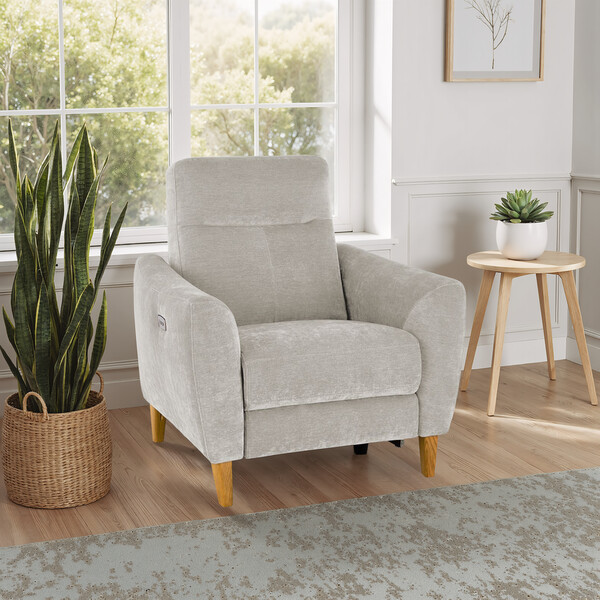 Amigo Dove Fabric Sofas - Electric Recliner Armchair - Dylan Range - Oak Furnitureland