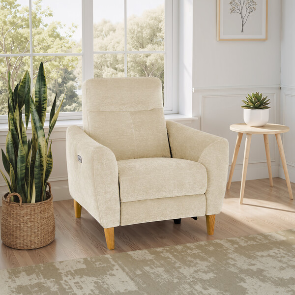 Darwin Ivory Fabric Sofas - Electric Recliner Armchair - Dylan Range - Oak Furnitureland