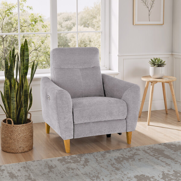 Darwin Silver Fabric Sofas - Electric Recliner Armchair - Dylan Range - Oak Furnitureland