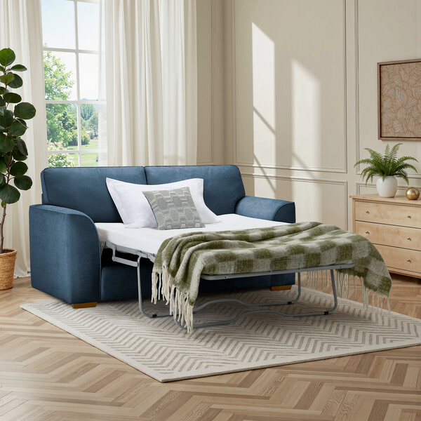 Limoge Prussian Blue Fabric Sofas - 2 Seater Sofa Bed - Eastley Range - Oak Furnitureland