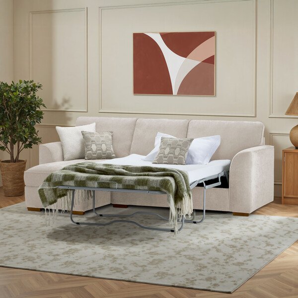 Limoge Beige Fabric Sofas - Left Hand Chaise Sofa Bed with Storage - Eastley Range - Oak Furnitureland