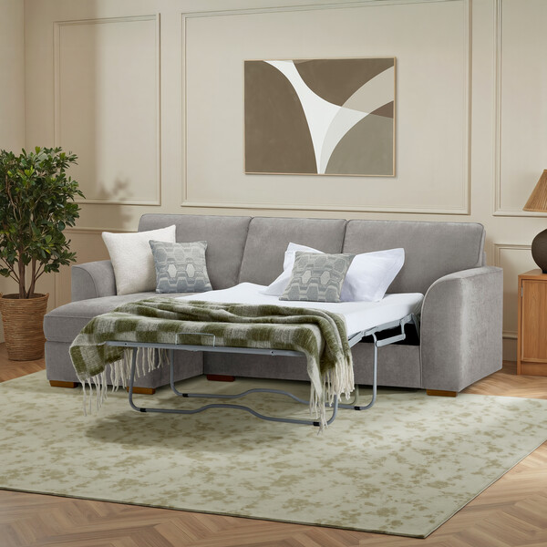Limoge Fog Fabric Sofas - Left Hand Chaise Sofa Bed with Storage - Eastley Range - Oak Furnitureland
