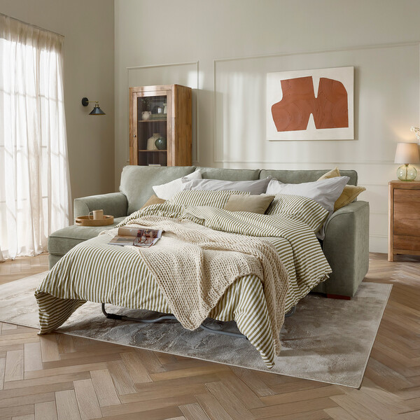 Limoge Green Fabric Sofas - Left Hand Chaise Sofa Bed with Storage - Eastley Range - Oak Furnitureland