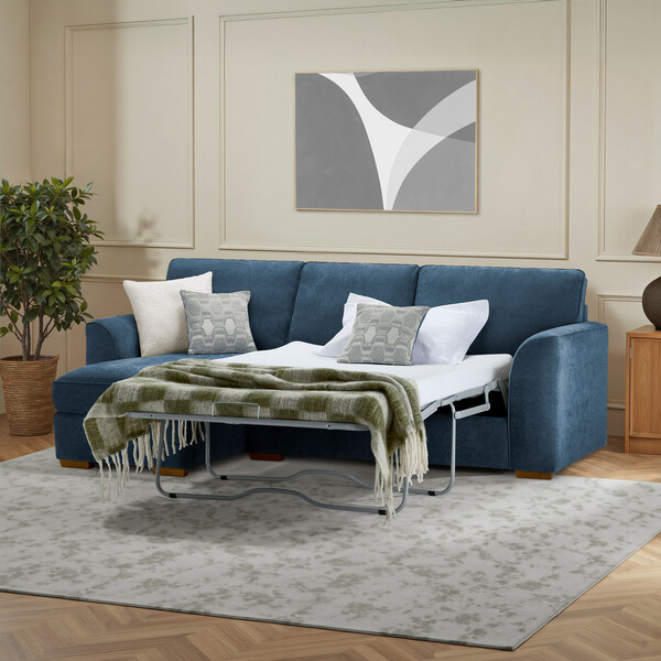 Limoge Prussian Blue Fabric Sofas - Left Hand Chaise Sofa Bed with Storage - Eastley Range - Oak Furnitureland
