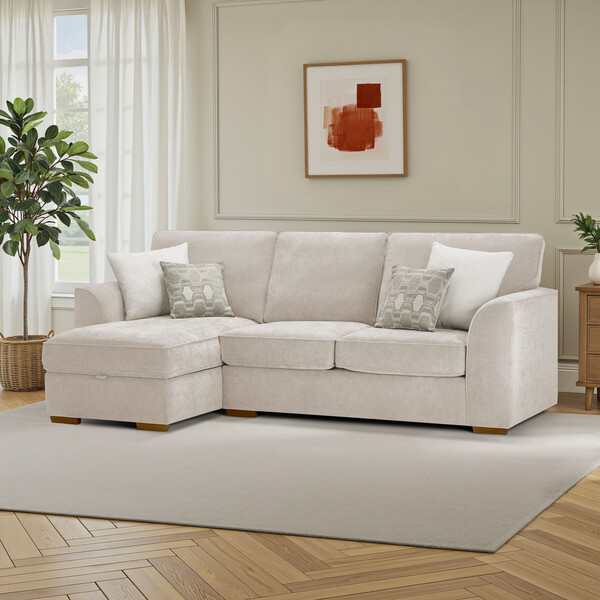 Limoge Beige Fabric Sofas - Left Hand Chaise Sofa with Storage - Eastley Range - Oak Furnitureland