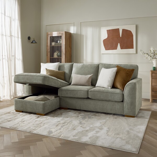 Limoge Green Fabric Sofas - Left Hand Chaise Sofa with Storage - Eastley Range - Oak Furnitureland