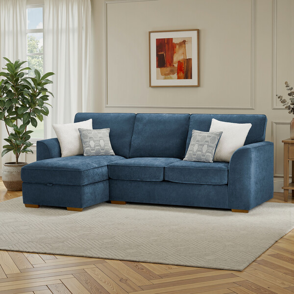 Limoge Prussian Blue Fabric Sofas - Left Hand Chaise Sofa with Storage - Eastley Range - Oak Furnitureland