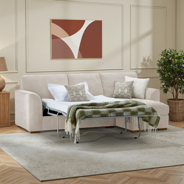 Limoge Beige Fabric Sofas - Right Hand Chaise Sofa Bed with Storage - Eastley Range - Oak Furnitureland