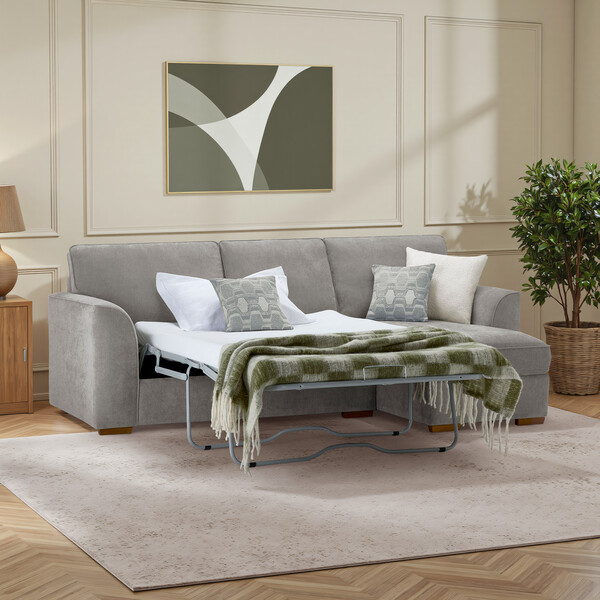 Limoge Fog Fabric Sofas - Right Hand Chaise Sofa Bed with Storage - Eastley Range - Oak Furnitureland