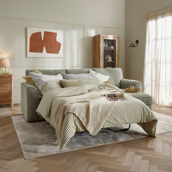 Limoge Green Fabric Sofas - Right Hand Chaise Sofa Bed with Storage - Eastley Range - Oak Furnitureland