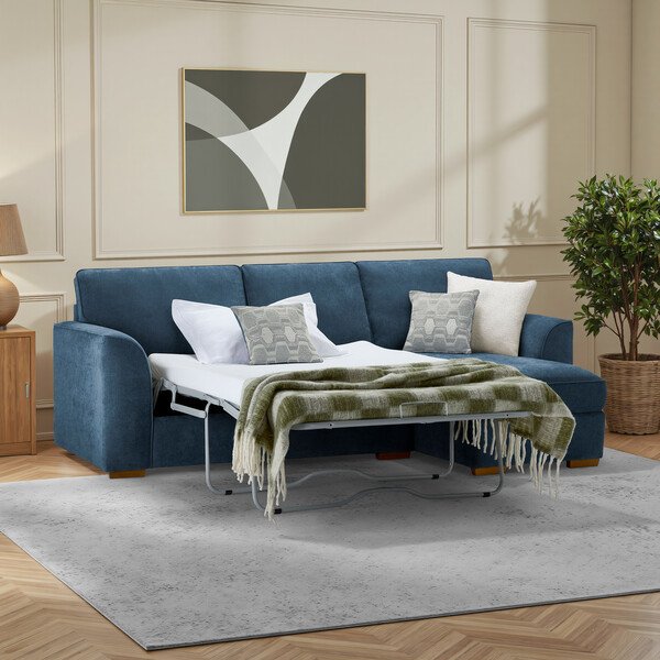 Limoge Prussian Blue Fabric Sofas - Right Hand Chaise Sofa Bed with Storage - Eastley Range - Oak Furnitureland