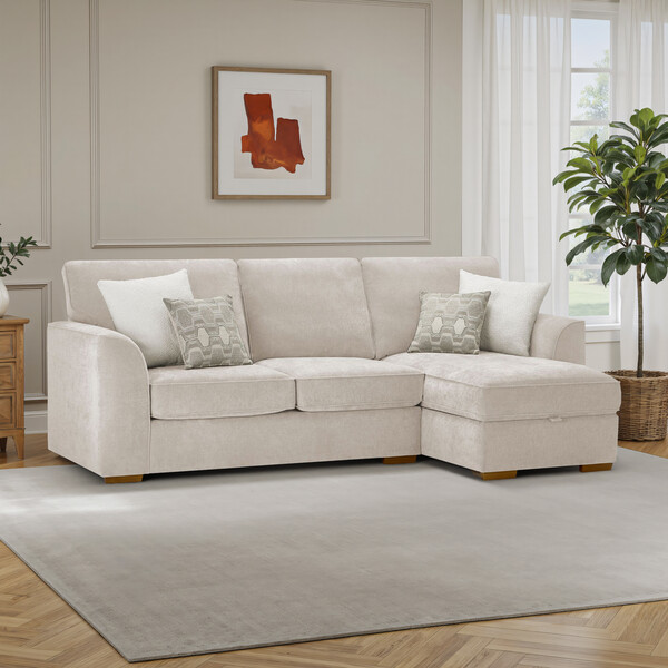 Limoge Beige Fabric Sofas - Right Hand Chaise Sofa with Storage - Eastley Range - Oak Furnitureland