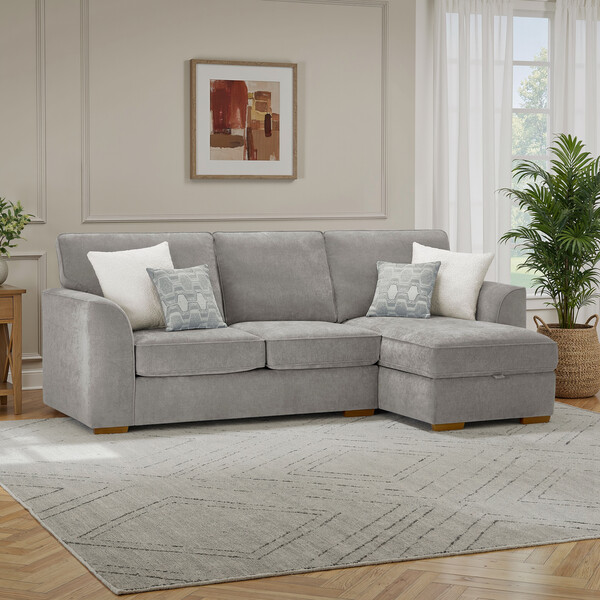 Limoge Fog Fabric Sofas - Right Hand Chaise Sofa with Storage - Eastley Range - Oak Furnitureland