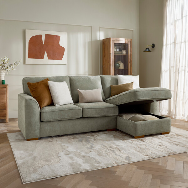 Limoge Green Fabric Sofas - Right Hand Chaise Sofa with Storage - Eastley Range - Oak Furnitureland