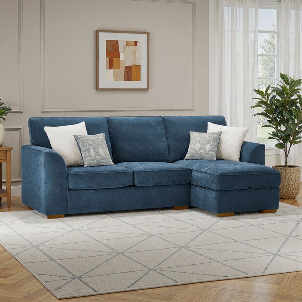 Limoge Prussian Blue Fabric Sofas - Right Hand Chaise Sofa with Storage - Eastley Range - Oak Furnitureland