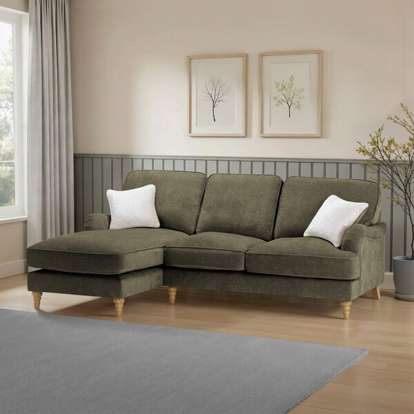 Marlan Olive Green Fabric Sofas - Left Hand Chaise Sofa - Milldale Range - Oak Furnitureland