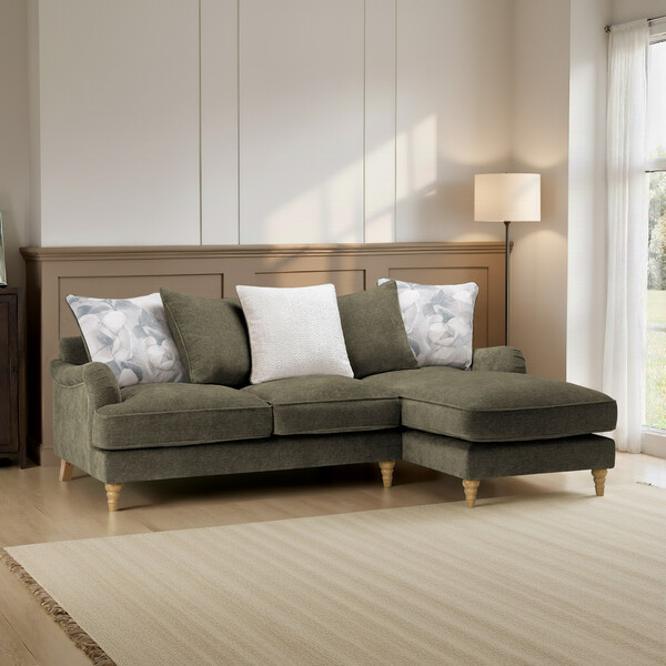 Marlan Olive Green Fabric Sofas - Right Hand Chaise Pillow Back Sofa - Milldale Range - Oak Furnitureland
