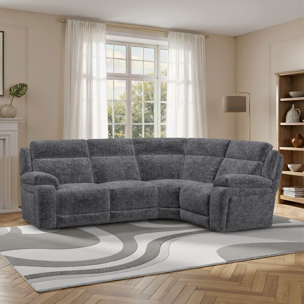 Luxe Charcoal Fabric Sofas - Corner Electric Recliner Left Hand - Emerson Range - Oak Furnitureland