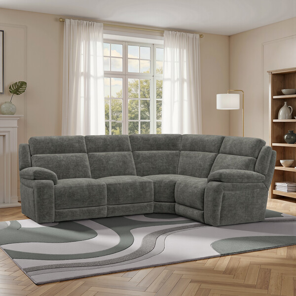 Plush Charcoal Fabric Sofas - Corner Electric Recliner Left Hand - Emerson Range - Oak Furnitureland