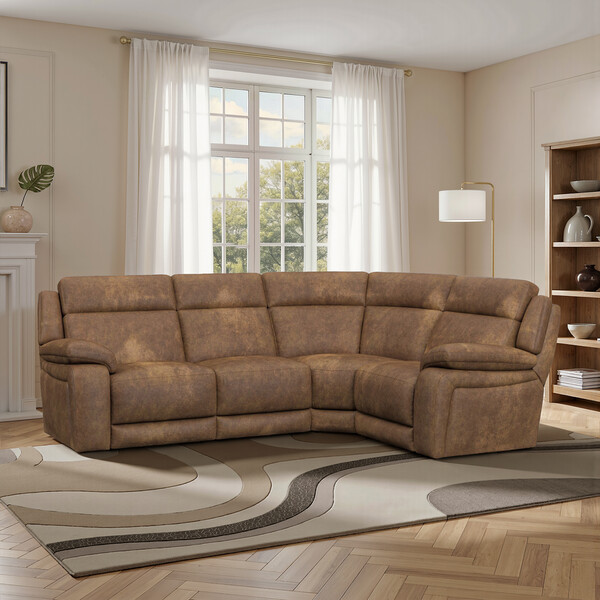 Ranch Brown Fabric Sofas - Corner Electric Recliner Left Hand - Emerson Range - Oak Furnitureland
