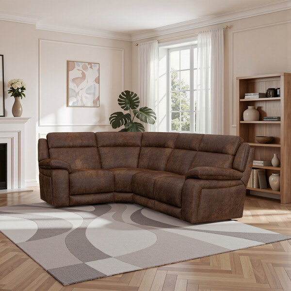 Ranch Dark Brown Fabric Sofas - Corner Electric Recliner Right Hand - Emerson Range - Oak Furnitureland