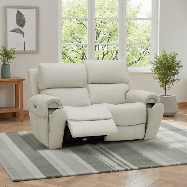 Bone China Leather Sofas - 2 Seater Recliner with Power Headrests - Ezra Range - Oak Furnitureland