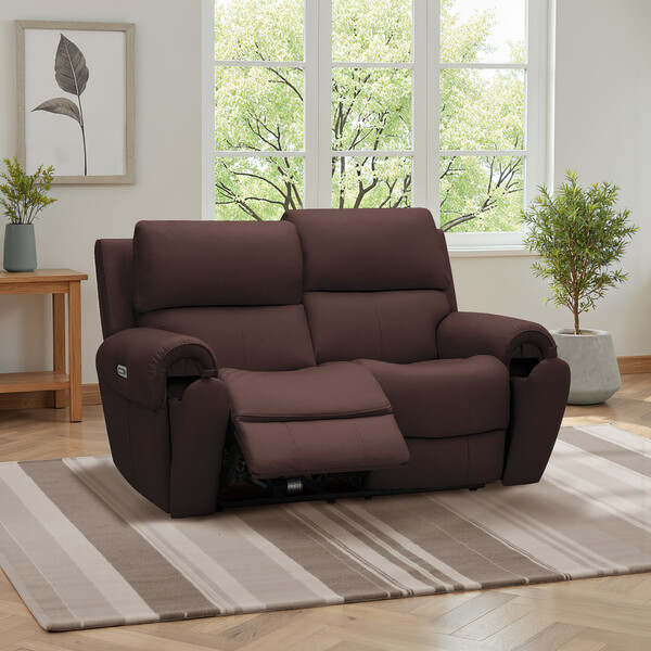 Chestnut Leather Sofas - 2 Seater Recliner with Power Headrests - Ezra Range - Oak Furnitureland