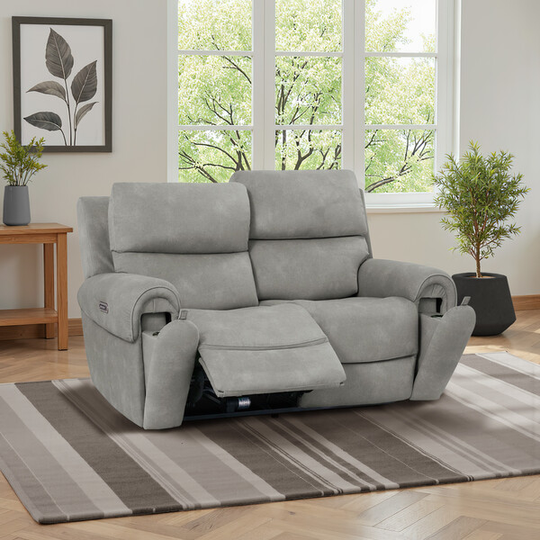 Dexter Stone Fabric Sofas - 2 Seater Recliner with Power Headrests - Ezra Range - Oak Furnitureland