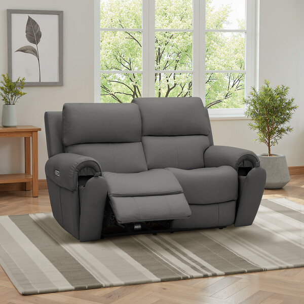 Elephant Grey Leather Sofas - 2 Seater Recliner with Power Headrests - Ezra Range - Oak Furnitureland