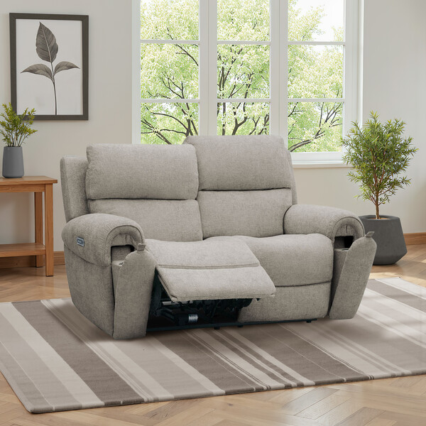 Hopsack Linen Fabric Sofas - 2 Seater Recliner with Power Headrests - Ezra Range - Oak Furnitureland