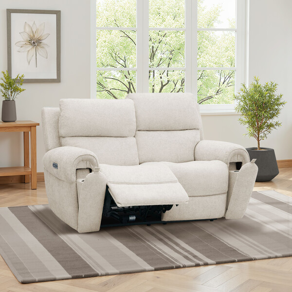 Hopsack Natural Fabric Sofas - 2 Seater Recliner with Power Headrests - Ezra Range - Oak Furnitureland